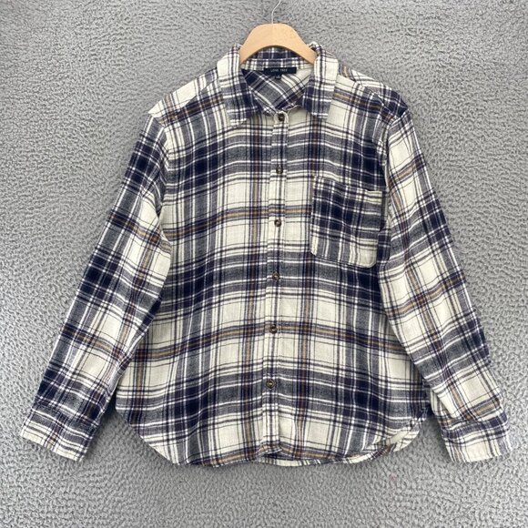 Love Tree Shirt Womens Small Navy Plaid Flannel Button Up Collared Long Sleeve - Picture 1 of 10